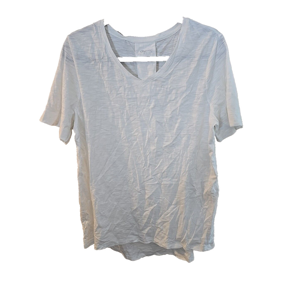 Chico's The Ultimate Tee Burnout White V-Neck Short Sleeve Top Womans Size Large